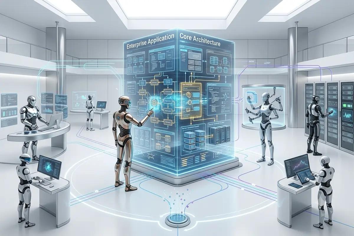 Aravya AI engineering — humanoid agents collaborating around a holographic enterprise-architecture model
